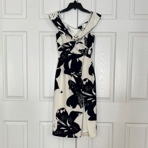 Bardot White Midi Dress with Bold Black Floral Print With Twisted Bodice Detail